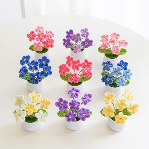 Knitting Crochet Desk Gift Forget Me Not Flowers Potted Plants for Wife, Girlfriend and Women, Handmade Flowers for Home Car Décor in Saudi Arabia