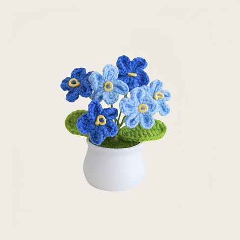 Knitting Crochet Desk Gift Forget Me Not Flowers Potted Plants for Wife, Girlfriend and Women, Handmade Flowers for Home Car Décor in Saudi Arabia