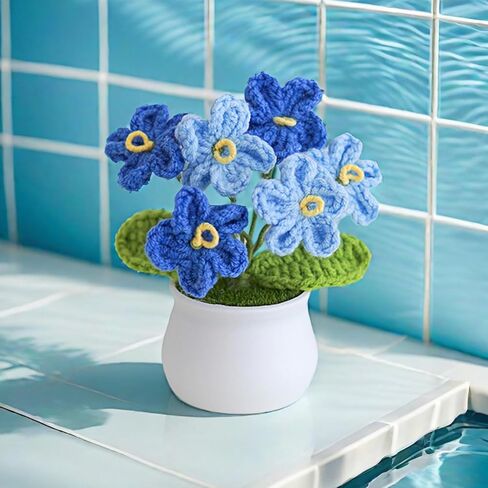 Knitting Crochet Desk Gift Forget Me Not Flowers Potted Plants for Wife, Girlfriend and Women, Handmade Flowers for Home Car Décor in Saudi Arabia