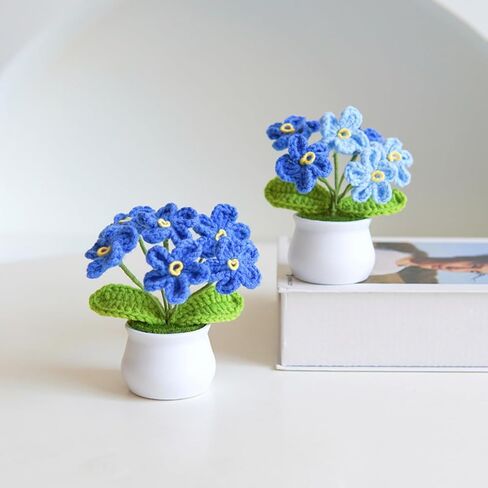 Knitting Crochet Desk Gift Forget Me Not Flowers Potted Plants for Wife, Girlfriend and Women, Handmade Flowers for Home Car Décor in Saudi Arabia