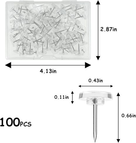 100Pcs Clear Push Pins - Suitable for Cork Board, Wall, Flat Board -Push-Tacks in Clear Box,Cute and Thumbtack-Home Office Craft Project Heavy Plastic Head Steel Pin in Kuwait