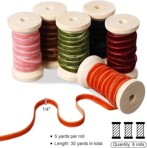 Chuangdi 1/4" x 30 Yard Velvet Ribbon Velvet Fabric Ribbon Roll Solid Christmas Thin Velvet Ribbon Set 6 Rolls for Christmas Tree Ornaments Gift Wrapping Wreath Decoration Bow Making(Vintage Color) in Saudi Arabia