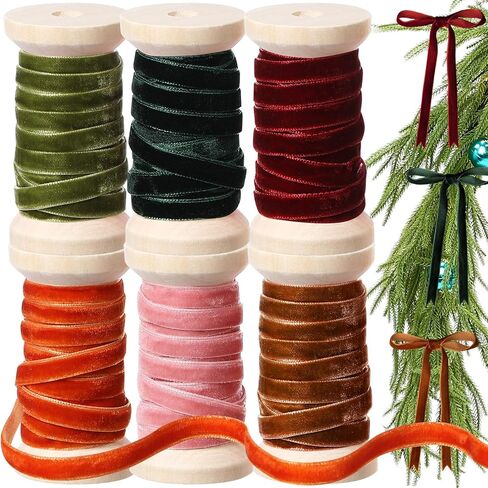 Chuangdi 1/4" x 30 Yard Velvet Ribbon Velvet Fabric Ribbon Roll Solid Christmas Thin Velvet Ribbon Set 6 Rolls for Christmas Tree Ornaments Gift Wrapping Wreath Decoration Bow Making(Vintage Color) in Saudi Arabia