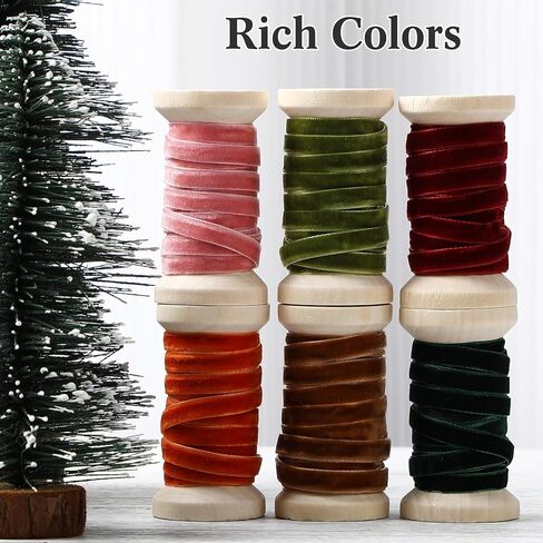 Chuangdi 1/4" x 30 Yard Velvet Ribbon Velvet Fabric Ribbon Roll Solid Christmas Thin Velvet Ribbon Set 6 Rolls for Christmas Tree Ornaments Gift Wrapping Wreath Decoration Bow Making(Vintage Color) in Saudi Arabia