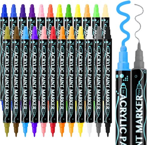 أقلام طلاء أكريليك 24 لونًا، أقلام برأس مزدوج ممتازة للأسطح الخشبية والحجرية والزجاجية والسيراميك والحرف اليدوية التي تصنع اللوازم الفنية (طرف مستدير وطرف رفيع) in Kuwait