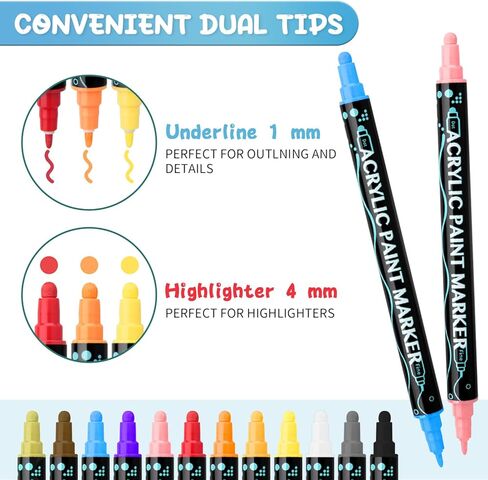 أقلام طلاء أكريليك 24 لونًا، أقلام برأس مزدوج ممتازة للأسطح الخشبية والحجرية والزجاجية والسيراميك والحرف اليدوية التي تصنع اللوازم الفنية (طرف مستدير وطرف رفيع) in Kuwait