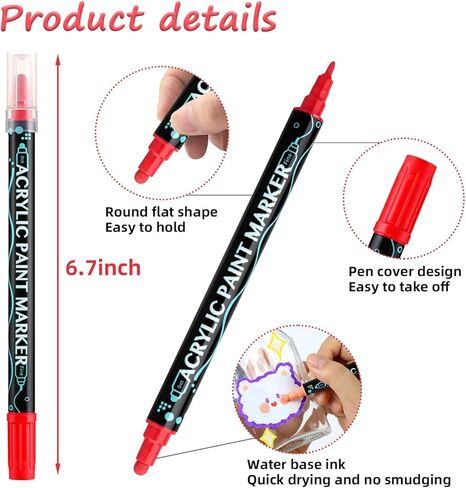 أقلام طلاء أكريليك 24 لونًا، أقلام برأس مزدوج ممتازة للأسطح الخشبية والحجرية والزجاجية والسيراميك والحرف اليدوية التي تصنع اللوازم الفنية (طرف مستدير وطرف رفيع) in Kuwait