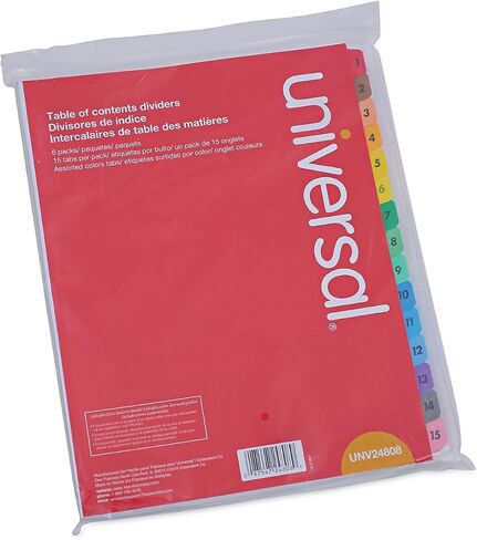Universal 24808 Table of Contents Dividers, Assorted Color 15-Tab, 1-15, Letter, White, 6/PK in Saudi Arabia