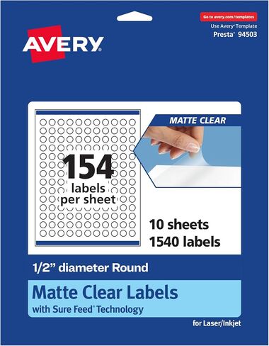 ملصقات مستديرة شفافة غير لامعة من Avery مع تغذية مؤكدة، قطر 0.5 بوصة، 1,540 ملصق شفاف غير لامع، طباعة إلى الحافة، ملصقات قابلة للطباعة بالليزر/نفث الحبر in Saudi Arabia