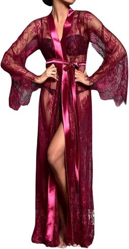 Women Long Floral Lace Kimono Robe Sexy Babydoll Lingerie Sheer Mesh Chemise Nightgown Bridesmaid Swimsuit Cover Up in Saudi Arabia