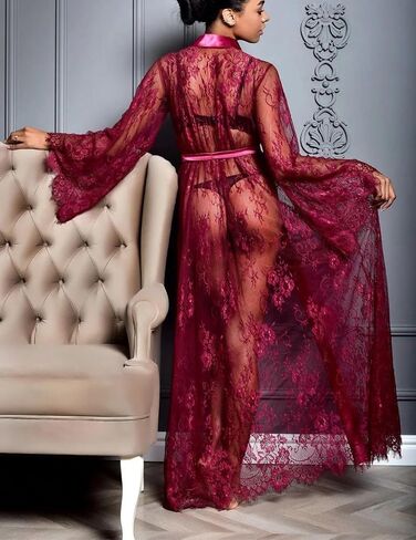Women Long Floral Lace Kimono Robe Sexy Babydoll Lingerie Sheer Mesh Chemise Nightgown Bridesmaid Swimsuit Cover Up in Saudi Arabia