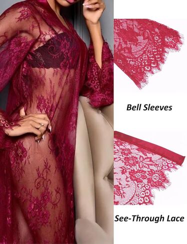 Women Long Floral Lace Kimono Robe Sexy Babydoll Lingerie Sheer Mesh Chemise Nightgown Bridesmaid Swimsuit Cover Up in Saudi Arabia