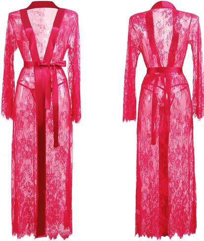 Women Long Floral Lace Kimono Robe Sexy Babydoll Lingerie Sheer Mesh Chemise Nightgown Bridesmaid Swimsuit Cover Up in Saudi Arabia