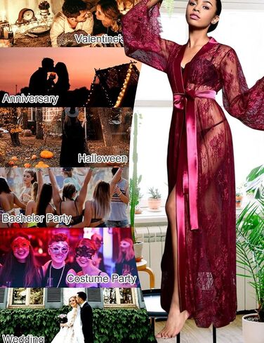 Women Long Floral Lace Kimono Robe Sexy Babydoll Lingerie Sheer Mesh Chemise Nightgown Bridesmaid Swimsuit Cover Up in Saudi Arabia