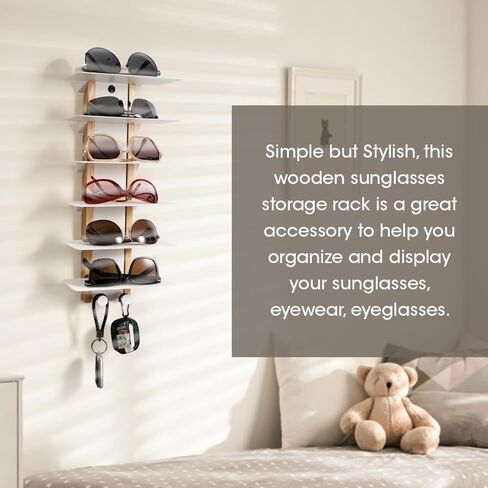 J JACKCUBE DESIGN منظم تخزين النظارات الشمسية مثبت على الحائط 6 نظارات عرض حامل رف رف، رف تعليق النظارات مع خطافات معدنية (أبيض)- MK1030B in Kuwait