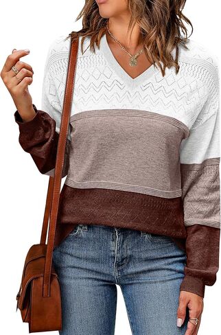 WIHOLL Womens Sweaters Casual Long Sleeve V Neck Lightweight Crochet Pullover Sweater Cable Knit Fashion Fall Tops in Saudi Arabia