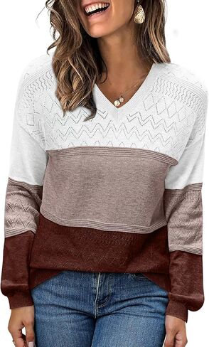 WIHOLL Womens Sweaters Casual Long Sleeve V Neck Lightweight Crochet Pullover Sweater Cable Knit Fashion Fall Tops in Saudi Arabia