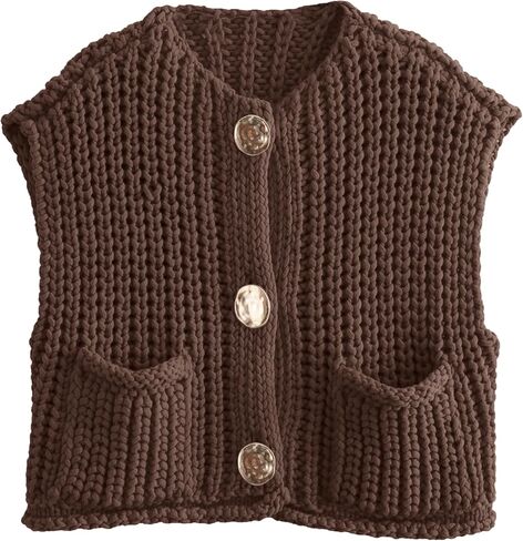 Womens Casual Chunky Knit Vest Gold Button Down Crop Crochet Sleeveless Sweater Vest in Saudi Arabia