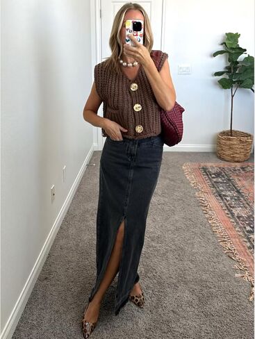 Womens Casual Chunky Knit Vest Gold Button Down Crop Crochet Sleeveless Sweater Vest in Saudi Arabia