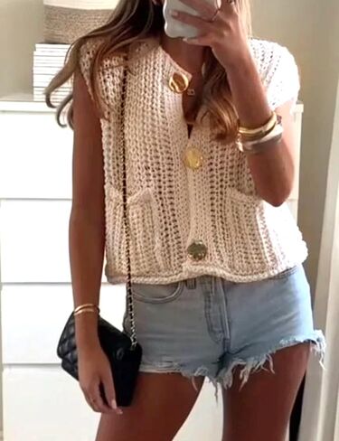 Womens Casual Chunky Knit Vest Gold Button Down Crop Crochet Sleeveless Sweater Vest in Saudi Arabia