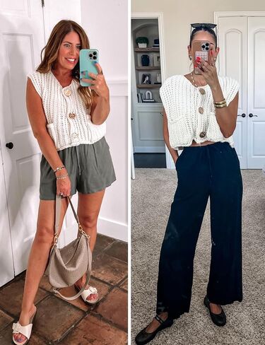 Womens Casual Chunky Knit Vest Gold Button Down Crop Crochet Sleeveless Sweater Vest in Saudi Arabia