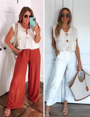 Womens Casual Chunky Knit Vest Gold Button Down Crop Crochet Sleeveless Sweater Vest in Saudi Arabia