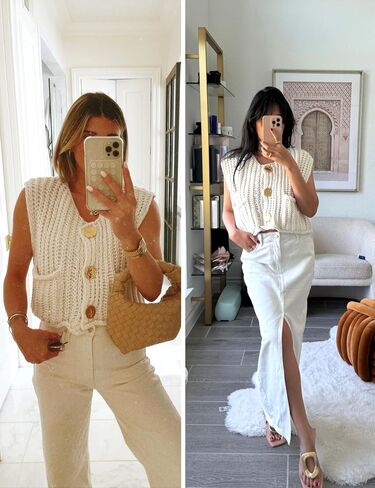 Womens Casual Chunky Knit Vest Gold Button Down Crop Crochet Sleeveless Sweater Vest in Saudi Arabia