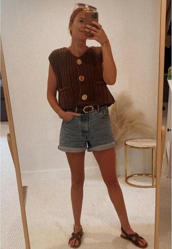 Womens Casual Chunky Knit Vest Gold Button Down Crop Crochet Sleeveless Sweater Vest in Saudi Arabia