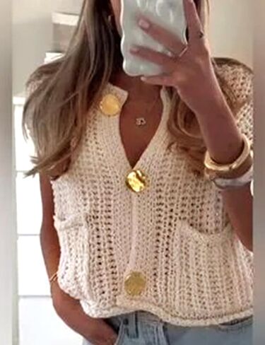 Womens Casual Chunky Knit Vest Gold Button Down Crop Crochet Sleeveless Sweater Vest in Saudi Arabia