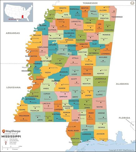 Mississippi Counties Map - Standard - 36" x 40.5" Laminated in Saudi Arabia