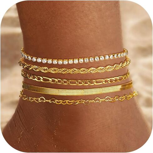 FUNRUN JEWELRY أساور الكاحل الذهبية، 14 ك مطلية بالذهب مقاومة للماء من الفولاذ المقاوم للصدأ الكوبي سلسلة ربط الكاحل مجموعة مشبك ورق فيجارو الطبقات خلخال أساور للنساء مجوهرات الصيف الشاطئ اللذيذة 5 قطع in Saudi Arabia