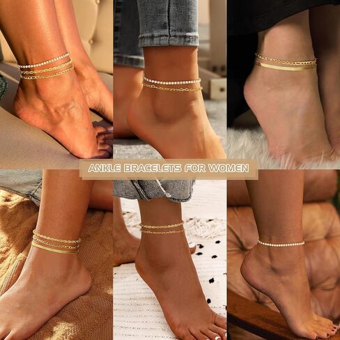 FUNRUN JEWELRY أساور الكاحل الذهبية، 14 ك مطلية بالذهب مقاومة للماء من الفولاذ المقاوم للصدأ الكوبي سلسلة ربط الكاحل مجموعة مشبك ورق فيجارو الطبقات خلخال أساور للنساء مجوهرات الصيف الشاطئ اللذيذة 5 قطع in Saudi Arabia