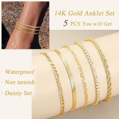 FUNRUN JEWELRY أساور الكاحل الذهبية، 14 ك مطلية بالذهب مقاومة للماء من الفولاذ المقاوم للصدأ الكوبي سلسلة ربط الكاحل مجموعة مشبك ورق فيجارو الطبقات خلخال أساور للنساء مجوهرات الصيف الشاطئ اللذيذة 5 قطع in Saudi Arabia
