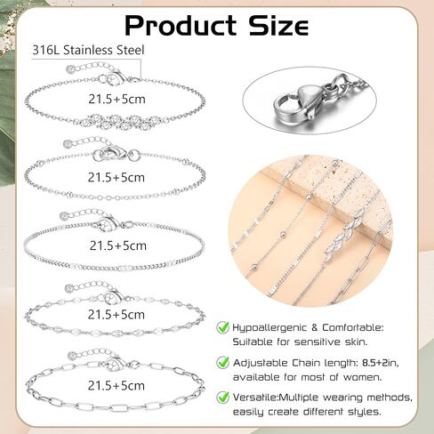 FUNRUN JEWELRY أساور الكاحل الذهبية، 14 ك مطلية بالذهب مقاومة للماء من الفولاذ المقاوم للصدأ الكوبي سلسلة ربط الكاحل مجموعة مشبك ورق فيجارو الطبقات خلخال أساور للنساء مجوهرات الصيف الشاطئ اللذيذة 5 قطع in Kuwait