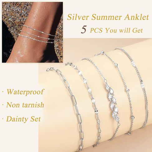 FUNRUN JEWELRY أساور الكاحل الذهبية، 14 ك مطلية بالذهب مقاومة للماء من الفولاذ المقاوم للصدأ الكوبي سلسلة ربط الكاحل مجموعة مشبك ورق فيجارو الطبقات خلخال أساور للنساء مجوهرات الصيف الشاطئ اللذيذة 5 قطع in Kuwait