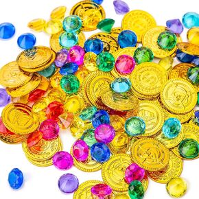 AiFanS Treasure Chest for Kids Prizes,Plastic Treasure Chest with 320 Treasure Gold Coins and Gems/Jewels- Perfect for Pirate Themed Parties and Games