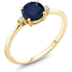 Gem Stone King 10K Yellow Gold Blue Sapphire and White Created Sapphire Solitaire Engagement Ring For Women (1.03 Cttw, Round 6MM, Gemstone September Birthstone, Available in Size 5,6,7,8,9)