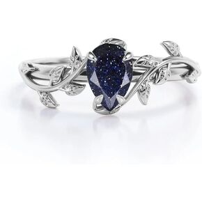 Blue Sandstone Ring for Women, Solid 10K/14K/18K Gold Galaxy Blue Sandstone Promise Ring, Dainty Vintage Wedding Ring, Unique Engagement Ring with Free Engraving