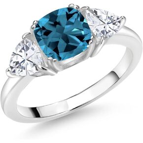 Gem Stone King 925 Sterling Silver London Blue Topaz and White Moissanite 3 Stone Engagement Ring For Women (2.79 Cttw, Gemstone November Birthstone, Available In Size 5, 6, 7, 8, 9)