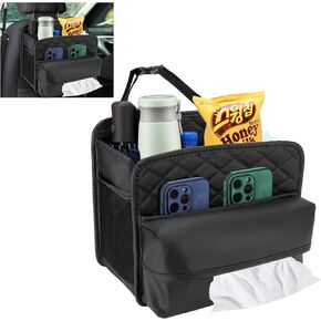 Upgraded Car Seat Back Organizer,General General Large capacity Car Backseat Hanging Storage Pocket with Tissue Box, Car Trash Bag，Premium PU for Paper towels, cups, Sundries (13.7 inches)