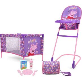 Peppa Pig: at Home 8pc Set - Purple, Pink, Flowers - Play Yard, Highchair, Handbag, Feeding Accessories, for Dolls Up to 18", Kids Toy, Ages 3+