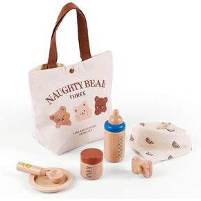 BABESIDE 7 PCS Reborn Baby Doll Wooden Playset for Baby Doll Girl Boy Accessories with Storage Bag, Wood Color