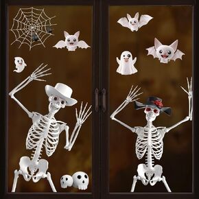 Extra Large Halloween Window Clings 3D Skeleton Window Decorations for Glass Windows, Cute 3D Bat and Ghost Window Stickers Decals for Halloween Party