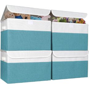 Large 22 Quart Linen Fabric Foldable Storage Bin Cube Organizer Basket with Flip-Top Lid & Handles, Clothes Blanket Box for Home, Office, Closet, Gray, 4 Pack 14.6 x 9.5 x 9.5"
