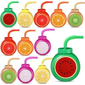 Mifoci 12 Set Summer Fruit Cups with Straws Lids 10oz Plastic Frutti Party Cups Tropical Kiwi Lemon Orange Grapefruit Watermelon Pitaya Sippy Cup for Boys Girls Birthday Luau Party Favor Supplies