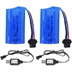 Fytoo 2PCS 7.4V 600mah 2S Li-ion Battery with SM-3P Plug with 2PCS USB Charging Cable for DE82 TK3086B G20601 RC Toy RC Car TK-3082B Stunt Flip Car Battery