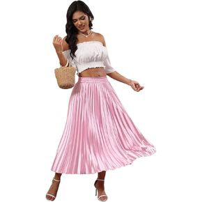 ThusFar Women Fashion Casual High Elastic Waist Shiny Pleated Skirt Boho Classic Swing Flare A-line Flowy Midi Skirts
