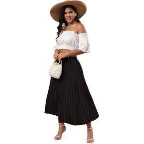 ThusFar Women Fashion Casual High Elastic Waist Shiny Pleated Skirt Boho Classic Swing Flare A-line Flowy Midi Skirts