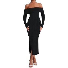 HYPERFIRE Women's Fall Long Sleeve Off The Shoulder Bodycon Maxi Dress Ribbed Party Midi Dresses