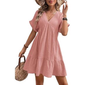 Women's Summer Casual Dress V Neck Short Sleeve Ruffle A Line Babydoll Dress Loose Flowy Swing Shift Dresses